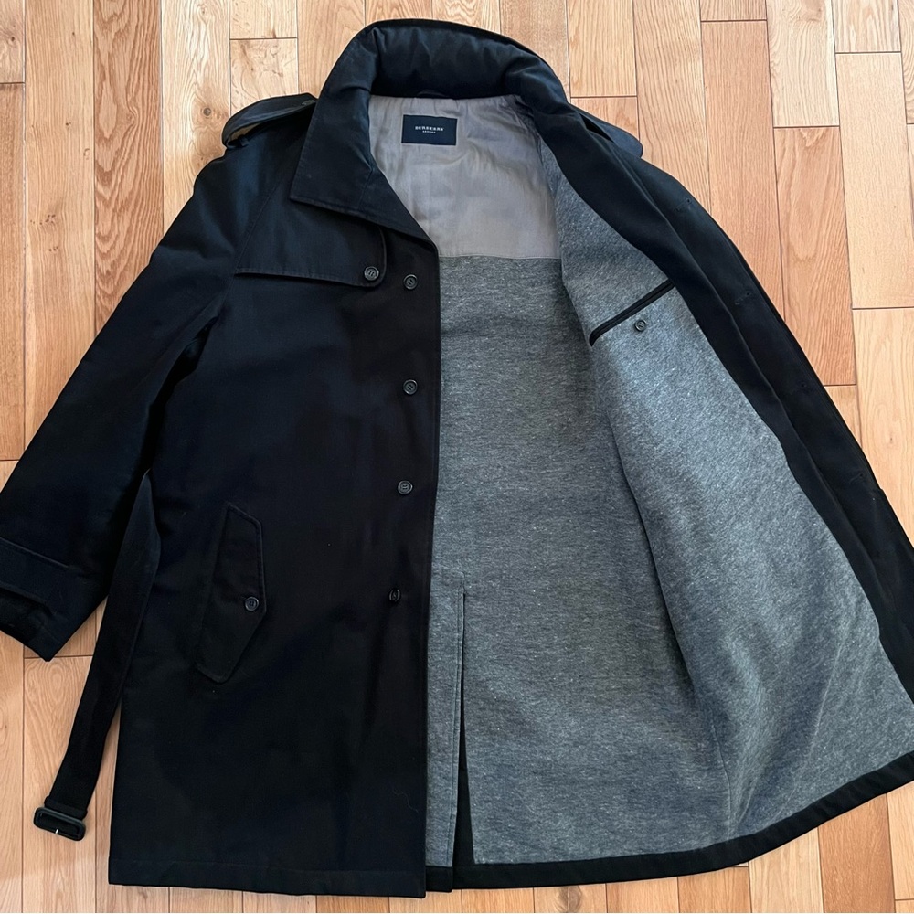Burberry Mens Black Belted Hidden Hood Button Front Coat 100% Cotton Size 56 - Picture 10 of 12